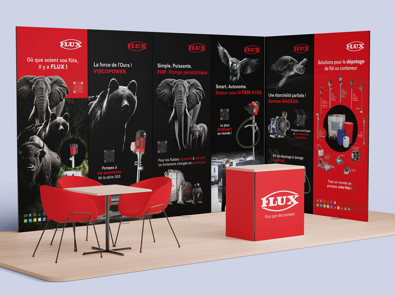 6 kakémonos d'habillage de stand événementiel présentant la gamme de produits FLUX - 960 x 2500 mm 